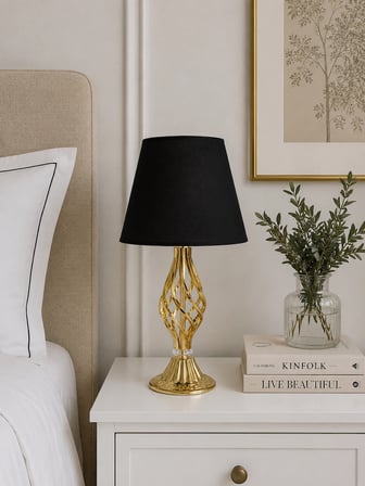 Siyah Kumaş Başlık Gold Metal Burgu Ayaklı Modern Abajur 50x25cm