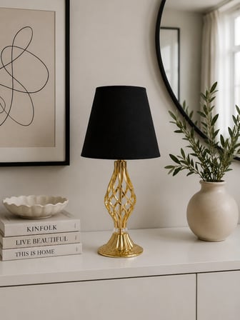 Siyah Kumaş Başlık Gold Metal Burgu Ayaklı Modern Abajur 50x25cm