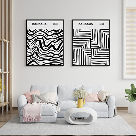 Bauhaus Siyah Çizgiler Duvar Tablosu Çerçeveli 2'li Set