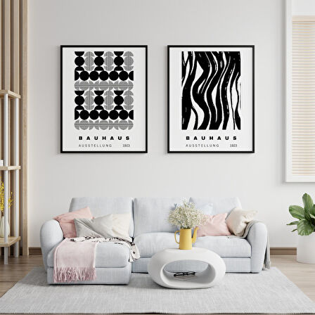 Siyah Beyaz Şekiller Duvar Tablosu Çerçeveli 2'li Set