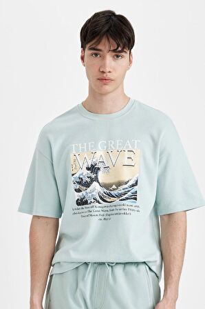 DeFacto Art Hokusai Comfort Regular Fit Rahat Kalıp Bisiklet Yaka Ağır Kumaş Kısa Kollu Tişört A8916AX24SPBE525