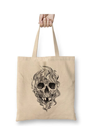 Skull Flame Beyaz Bez Çanta Uzun Saplı Alışveriş Çantası Plaj Çantası