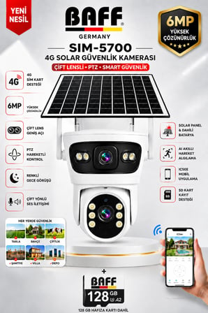 Baff SIM-5700 6MP 4G SIM Kartlı Solar Güvenlik Kamerası Çift Lens PTZ Renkli Gece Görüşlü Dış Mekan + 128GB Hafıza Kartı Dahil