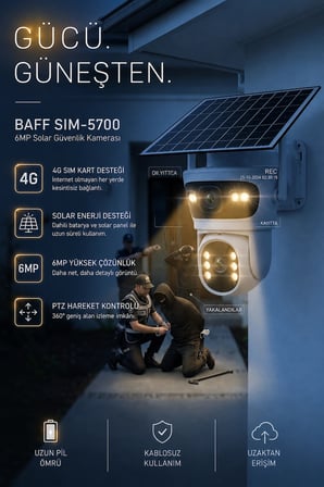 Baff SIM-5700 6MP 4G SIM Kartlı Solar Güvenlik Kamerası Çift Lens PTZ Renkli Gece Görüşlü Dış Mekan + 128GB Hafıza Kartı Dahil
