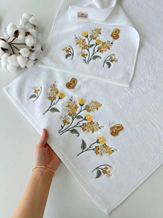 SARRA KADİFE 3D NAKIŞLI ANALI KIZLI 2'Lİ TAKIM - GELİNCİK- HARDAL