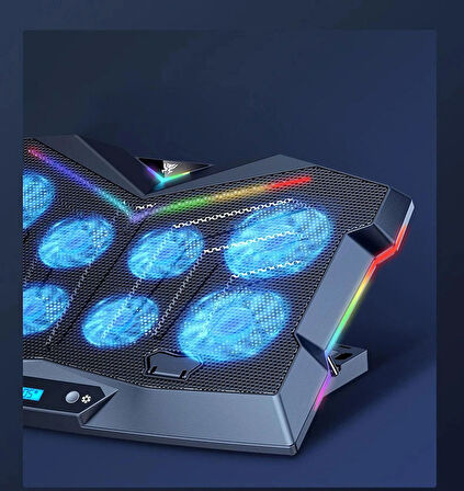 Monozone 8 Fanlı 18-11İnç RGB Işıklı Notebook Laptop Soğutucu Fan Yükseklik Ayarlı Sessiz LCD Pro Stand Çift USB 1 Type-c Giriş