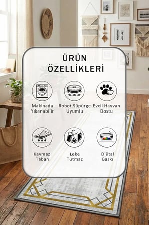 Reverans Gri Yıkanabilir Kaymaz Taban Dijital Baskılı Yolluk Halı