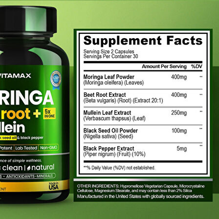 Moringa Beet Root + 5x in one + mullein with black seed oil & black pepper 60 Kapsül