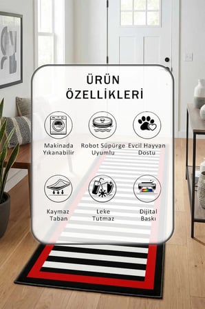 Filsiz Kırmızı Syh Yıkanabilir Yolluk Halı Kaymaz Taban Salon Mutfak