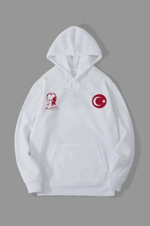 Biçomi 10 Kasım’a Özel Termal Konforlu Şardonlu Üç İplik Kapüşonlu Sweatshirt - Beyaz
