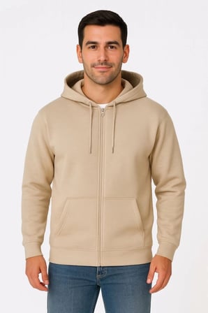 Dört Mevsim Tam Fermuarlı Termal Konfor 3 İplik Erkek Hoodie - Bej