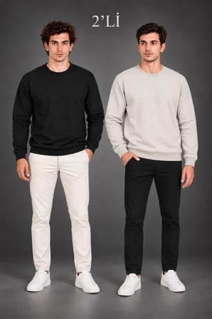 Biçomi Erkek 2’li Paket Yumuşak Şardonlu Termal Konfor Bisiklet Yaka Sweatshirt Seti (Siyah - Gri)