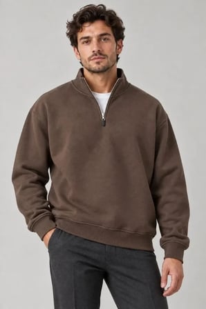 Biçomi Erkek Ekstra Kalın 3 İplik İçi Şardonlu Rahat Kalıp Kışlık Dik Yaka Sweatshirt – Kahve