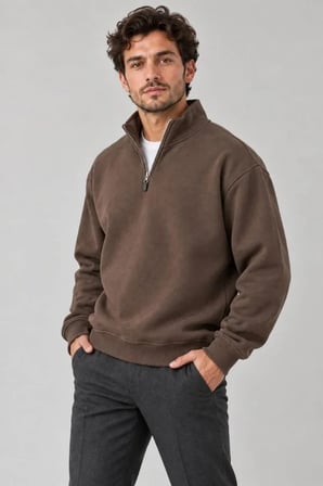 Biçomi Erkek Ekstra Kalın 3 İplik İçi Şardonlu Rahat Kalıp Kışlık Dik Yaka Sweatshirt – Kahve