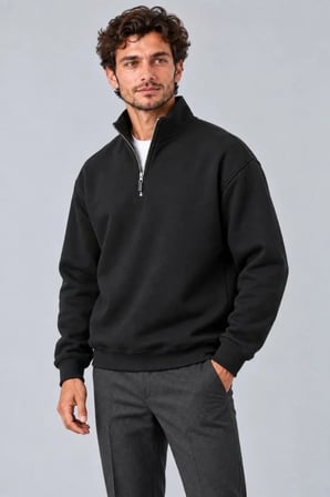 Biçomi Erkek Üç İplik İçi Şardonlu Dik Yaka Yarım Fermuarlı Kışlık Sweatshirt - Siyah