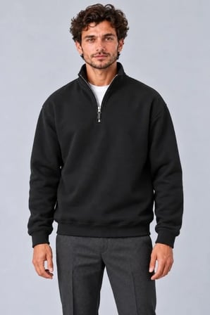 Biçomi Erkek Üç İplik İçi Şardonlu Dik Yaka Yarım Fermuarlı Kışlık Sweatshirt - Siyah