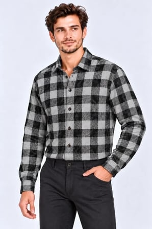Biçomi Erkek Termal Dokulu Şardonlu Regular Fit Ekose Oduncu Gömlek – Batik Yıkamalı Siyah