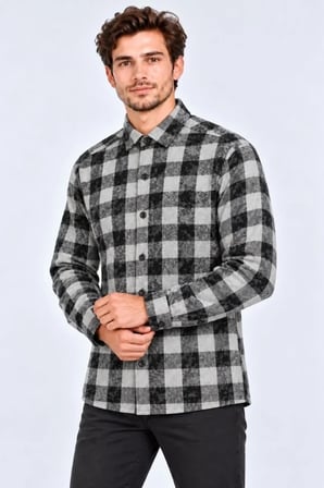 Biçomi Erkek Termal Dokulu Şardonlu Regular Fit Ekose Oduncu Gömlek – Batik Yıkamalı Siyah