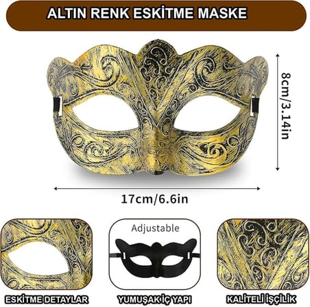 Delux Serisi Hatıra Eşyası Dekoratif Parça Eğlence Ürünü Altın Renk Eskitme Maskeli Balo Maskesi