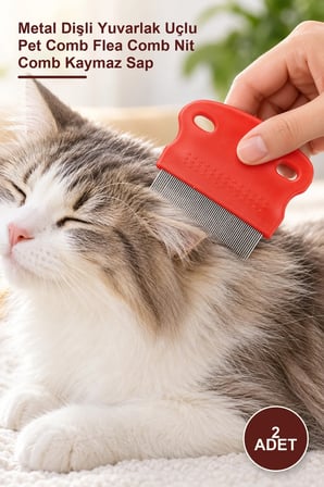 2 Adet Kedi Köpek Bit Pire Tarağı – Metal Dişli Yuvarlak Uçlu Pet Comb Flea Comb Nit Comb Kaymaz Sap