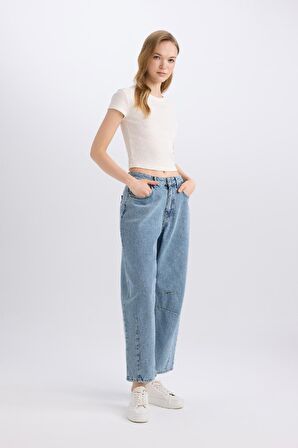 Baggy Fit Yüksek Bel Uzun Jean Yıkamalı Pantolon