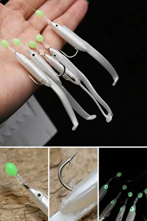 Eagenset Silikon Balıklı Çapari 5.5 Cm (2 Adet) Silikon At Çek Takımı Beyaz Fosforlu Glow Gözler ve Fosforlu Glow Boncuklu