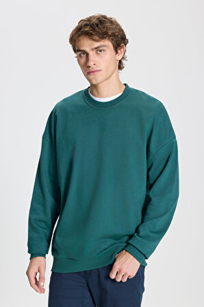 Erkek Koyu Yeşil Oversize Bol Kesim 3 Iplik Bisiklet Yaka Pamuklu Sweatshirt