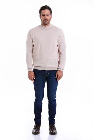 Açık Bej Yarım Balıkçı Pamuklu Triko Kazak | XL