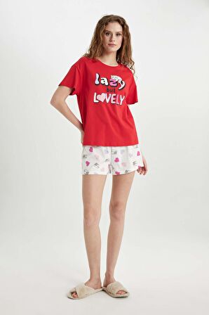 DeFacto Fall in Love Pijama Takımı Regular Fit Baskılı Kısa Kollu Üst Şort C0770AX24SMER105