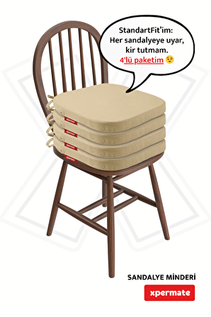 XPERMATE 4'lü StandartFit Oval Sandalye Minderi Fermuarlı Yıkanabilir Kılıf Bağcıklı Su ve Yağ İtici 42x42x5 Bej