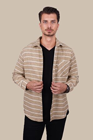 Bej Beyaz Çizgili Oversize Erkek Gömlek