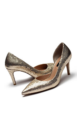 Kadın Klasik Düz Stiletto Sivri Burun Açık Topuklu Ayakkabı GOLD 4300