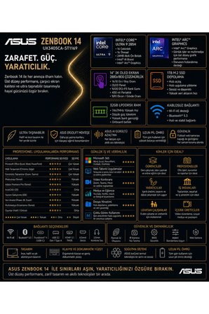 Zenbook 14 Intel Core Ultra 9 285H 32GB RAM 4TB SSD 14" 3K (2880x1800) OLED 120Hz Win11 Pro UX3405CAST1169P315 Notebook + PER4 Çanta