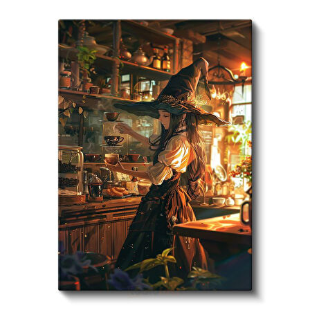 Cadı Kahvesi - Altın Işıltılı Atmosfer Anime Kanvas Tablo