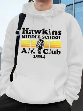 Hawkins Ortaokulu A.V. Club Prints Erkek Kapüşonluları Sonbahar Cepli Kazak Temel Polar Gevşe