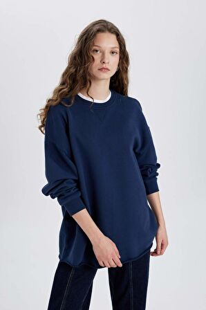 DeFacto Oversize Geniş Kalıp Bisiklet Yaka Kalın Basic Düz Uzun Kollu Tişört C4576AX24SMNV241