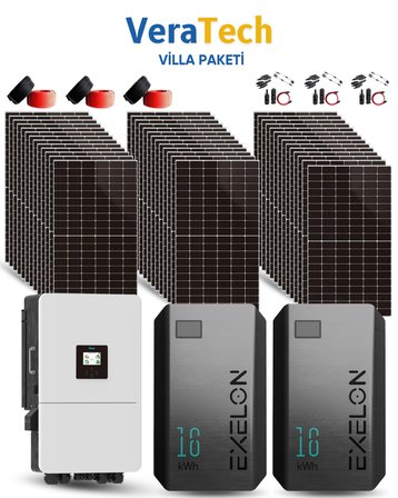 VeraTech 20kW Villa Solar Paketi - 600W TOPCon Half Cut Güneş Paneli, 20kW Hibrit İnverter, 30kW Lityum Batarya 