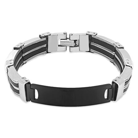 Kişiye Özel İsim Yazılı Silver-Black Renk Çelik Erkek Bileklik (Model-2)
