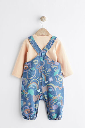 Next Baby Pamuklu Mavi Turuncu Denim Salopet Body Zıbın Set