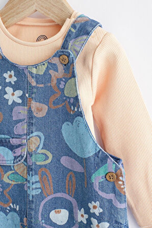 Next Baby Pamuklu Mavi Turuncu Denim Salopet Body Zıbın Set