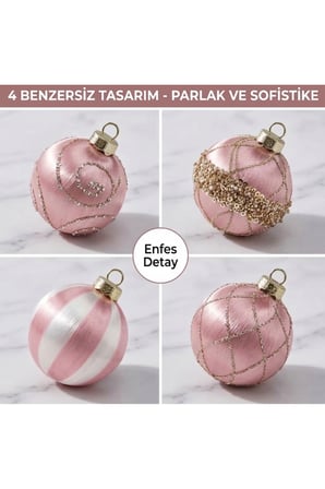 4 Farklı Tasarım 16 Parça Pembe Yılbaşı Ağaç Süsü Seti – Lüks İpek Görünümlü ve Boncuklu Top Süsler