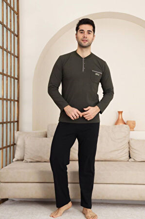 Erkek Bisiklet Yaka 3 Düğmeli Göğüs Cepli Pamuk Likra Mevsimlik Uzun Kol Pijama Takımı
