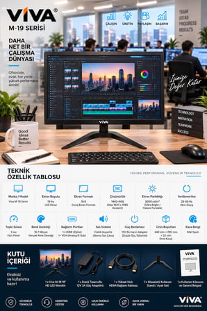 M-19 Premium 19” LED Monitör – Ultra Parlak Ekran, Dahili Hoparlör, HDMI & VGA