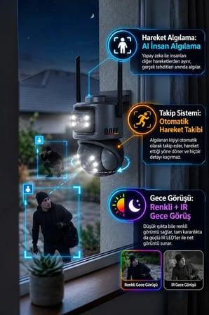 BAFF ICS-5632 6MP Çift Lens WiFi Akıllı Güvenlik Kamerası PTZ AI İnsan Algılama Hareket Takip Gece Görüşlü