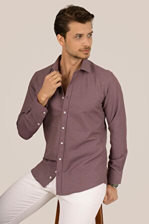 Bordo Armür Desenli Slimfit Gömlek