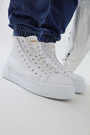 Chekich CH167 Yuvarlak Burun Kısa Topuk Bağcıklı Su Geçirmez Spor Beyaz Klasik Bot Suni Deri