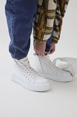 Chekich CH167 Yuvarlak Burun Kısa Topuk Bağcıklı Su Geçirmez Spor Beyaz Klasik Bot Suni Deri