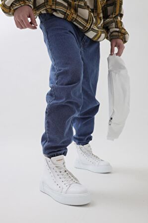 Chekich CH167 Yuvarlak Burun Kısa Topuk Bağcıklı Su Geçirmez Spor Beyaz Klasik Bot Suni Deri