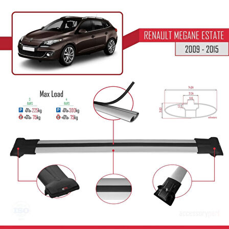 Renault Megane 3 ST 2009-2015 Arası ile Uyumlu FLY Model Ara Atkı Tavan Barı Gri 3 Adet