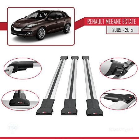 Renault Megane 3 ST 2009-2015 Arası ile Uyumlu FLY Model Ara Atkı Tavan Barı Gri 3 Adet